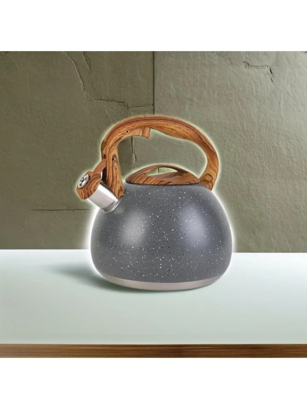 Kitchen Gray 100 OZ / 3 Liter Wood Pattern Folding Handle Whistling Tea Kettle